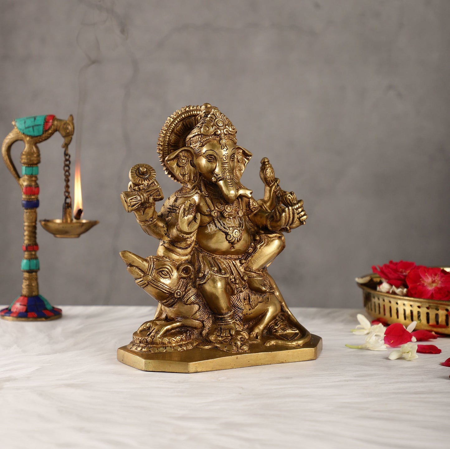 Ganesha on mouse brass idol golden finish 8 inch
