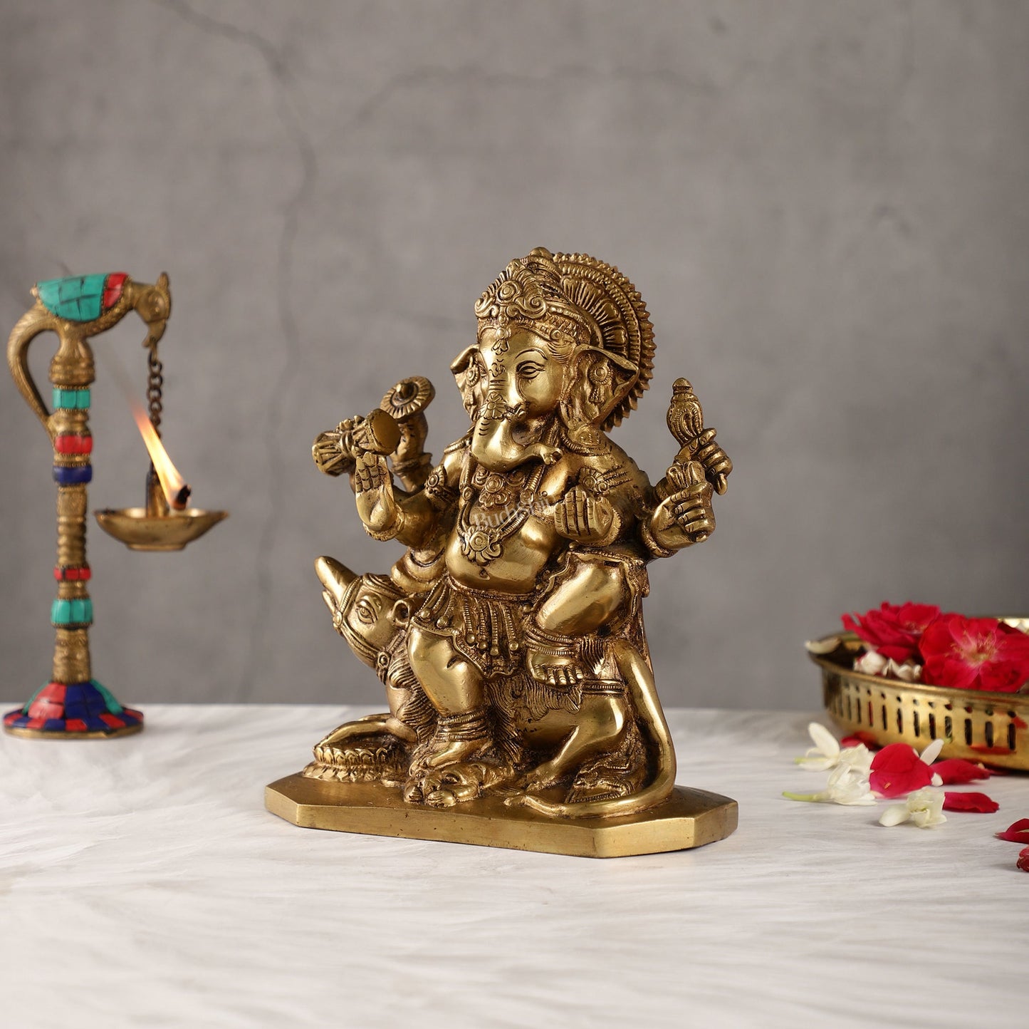 Ganesha on mouse brass idol golden finish 8 inch