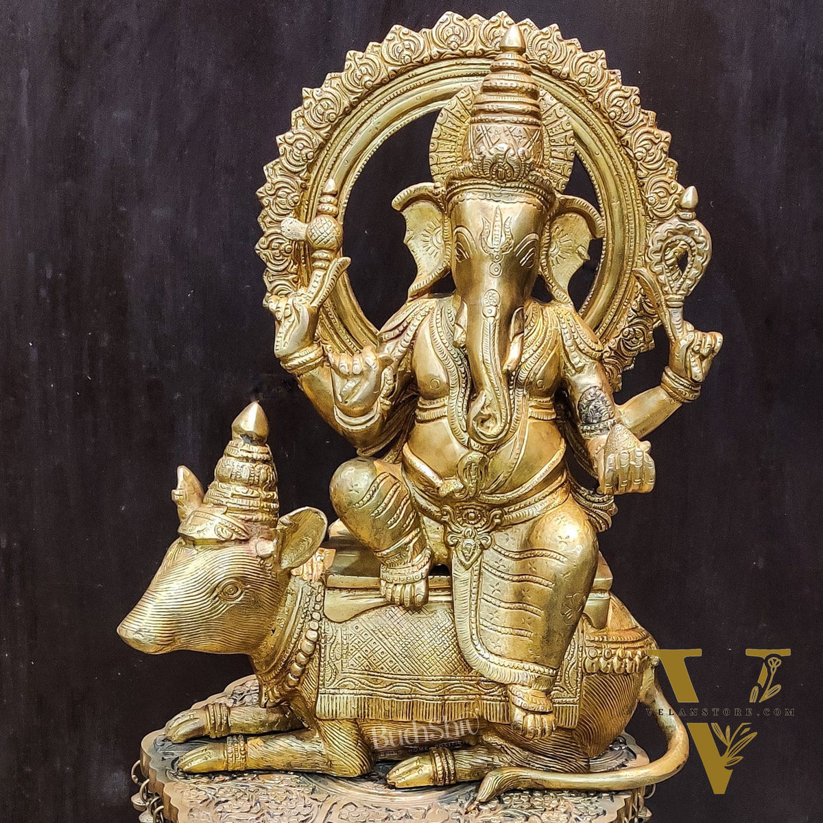 Ganesha on mouse brass statue 16 inches