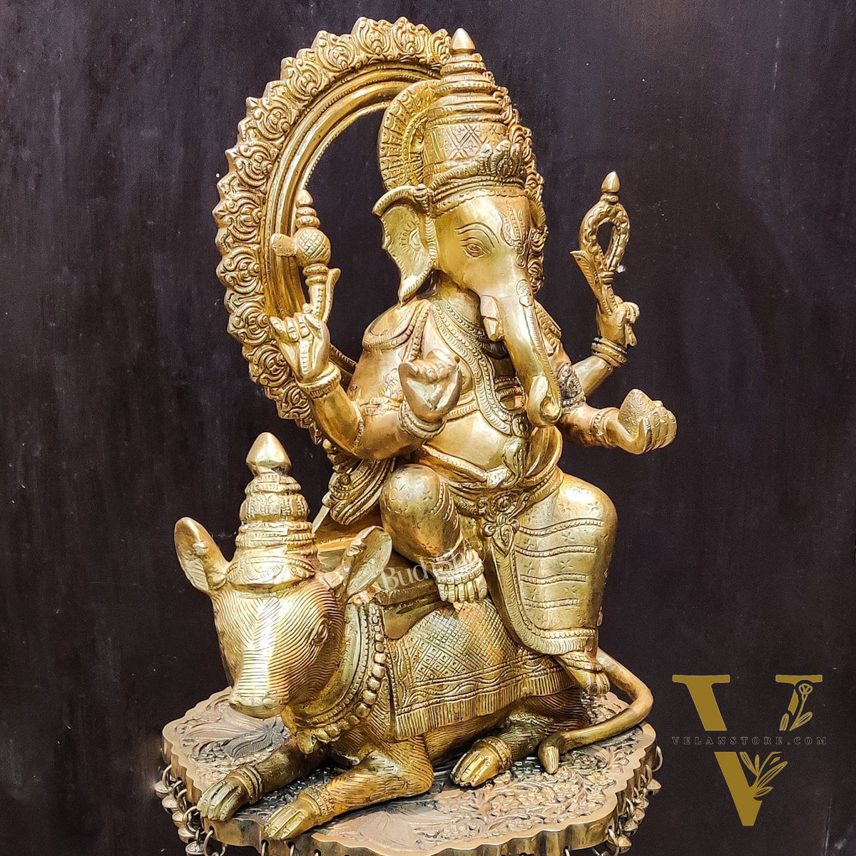 Ganesha on mouse brass statue 16 inches