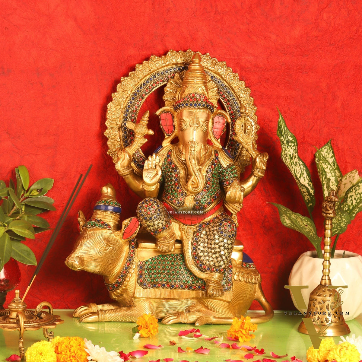 Ganesha on mouse brass statue 16 inches