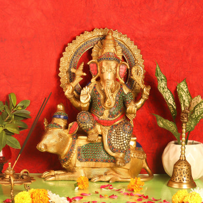 Ganesha on mouse brass statue 16 inches