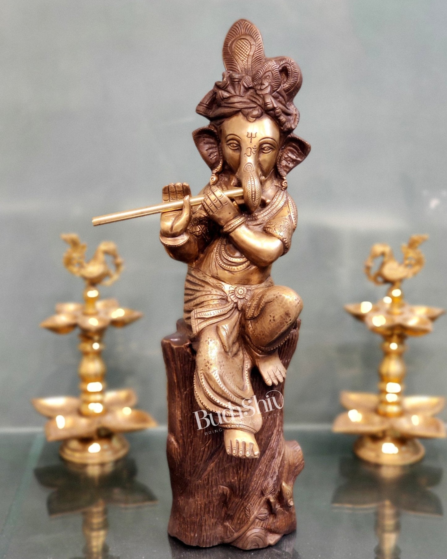 Ganesha playing the flute Brass Statue 21"