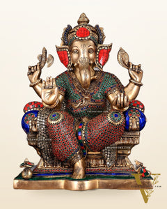 Ganesha Pure Brass statue with stonework - 18"