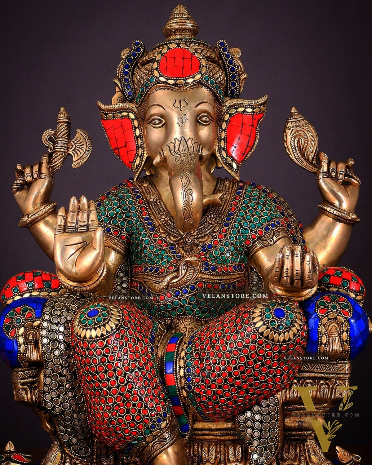 Ganesha Pure Brass statue with stonework - 18"