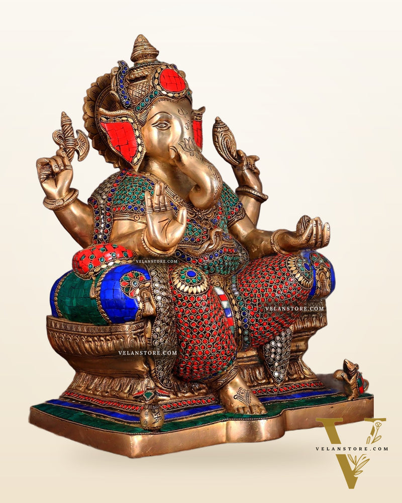 Ganesha Pure Brass statue with stonework - 18"
