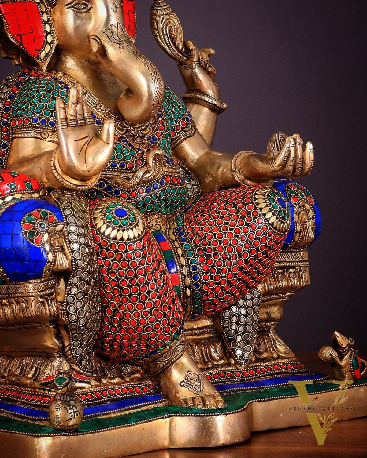Ganesha Pure Brass statue with stonework - 18"