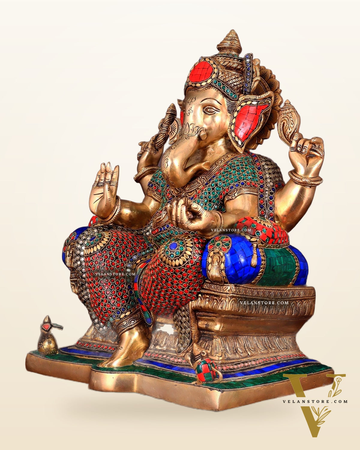 Ganesha Pure Brass statue with stonework - 18"