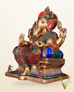 Ganesha Pure Brass statue with stonework - 18"