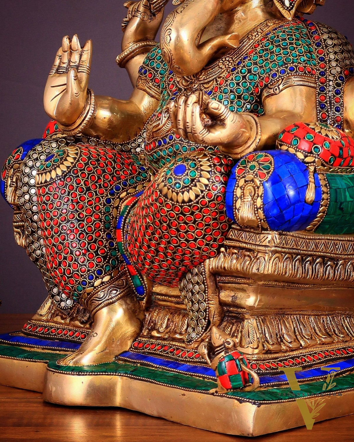 Ganesha Pure Brass statue with stonework - 18"