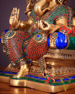 Ganesha Pure Brass statue with stonework - 18"