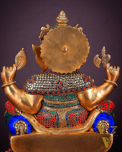 Ganesha Pure Brass statue with stonework - 18"