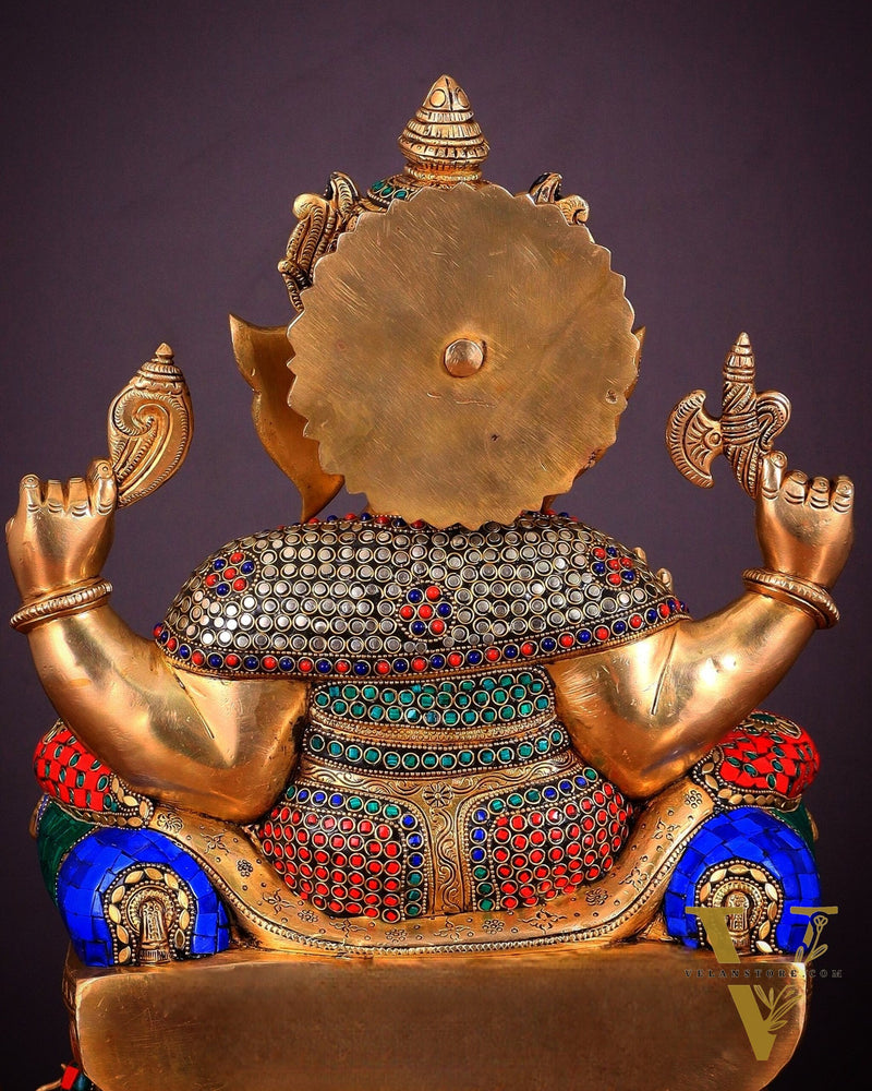 Ganesha Pure Brass statue with stonework - 18"