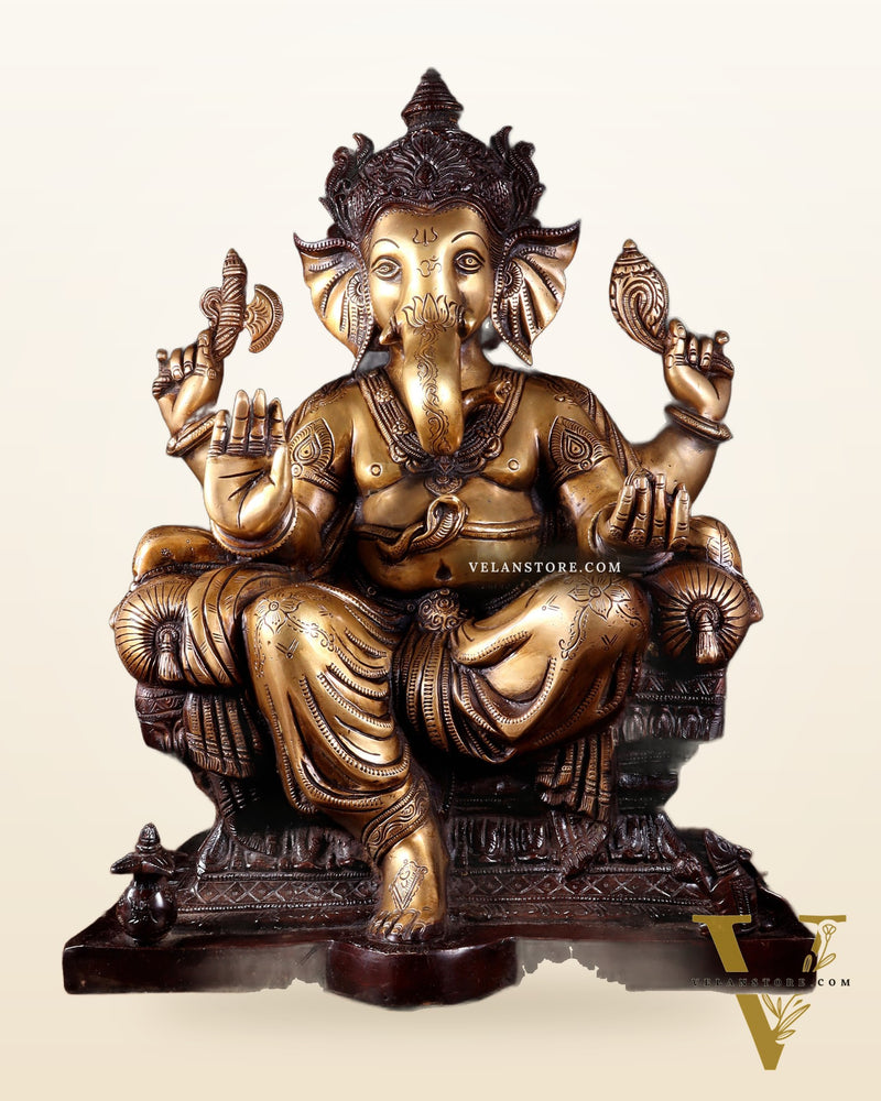 Ganesha Pure Brass Superfine statue with enhanced carvings  - 18" dual toned