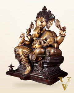 Ganesha Pure Brass Superfine statue with enhanced carvings  - 18" dual toned