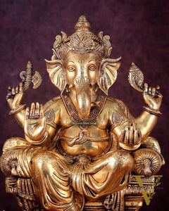 Ganesha Pure Brass Superfine statue with enhanced carvings  - 18"