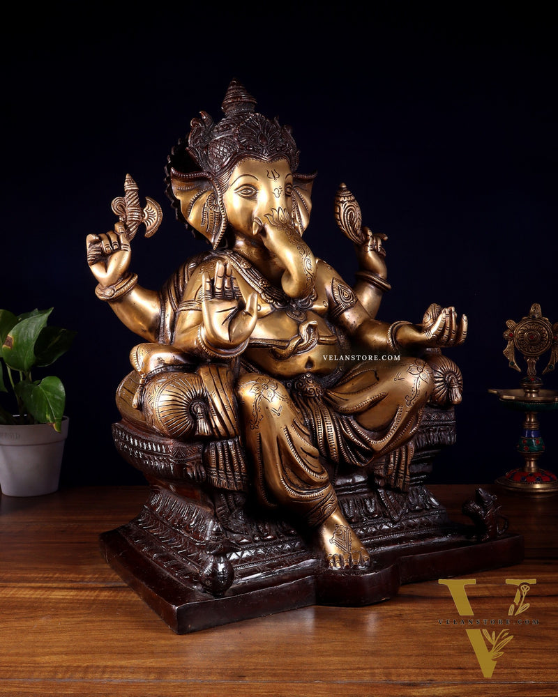 Ganesha Pure Brass Superfine statue with enhanced carvings  - 18" dual toned