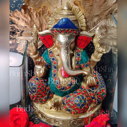 Ganesha Relaxing on sofa brass idol with meenakari stonework | suitable for office desk/study table/ temple