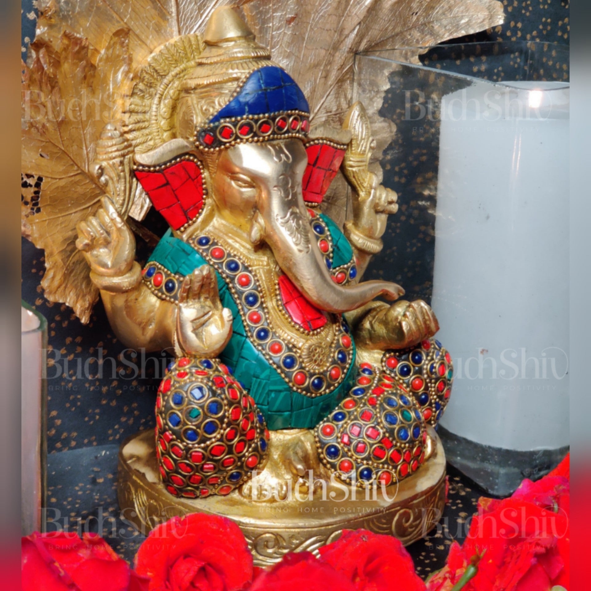 Ganesha Relaxing on sofa brass idol with meenakari stonework | suitable for office desk/study table/ temple