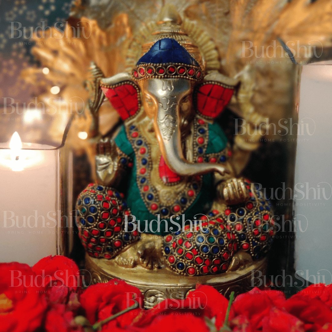 Ganesha Relaxing on sofa brass idol with meenakari stonework | suitable for office desk/study table/ temple