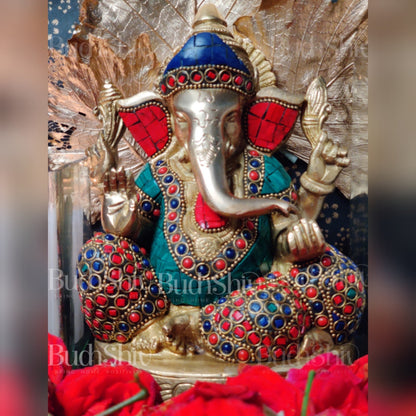 Ganesha Relaxing on sofa brass idol with meenakari stonework | suitable for office desk/study table/ temple