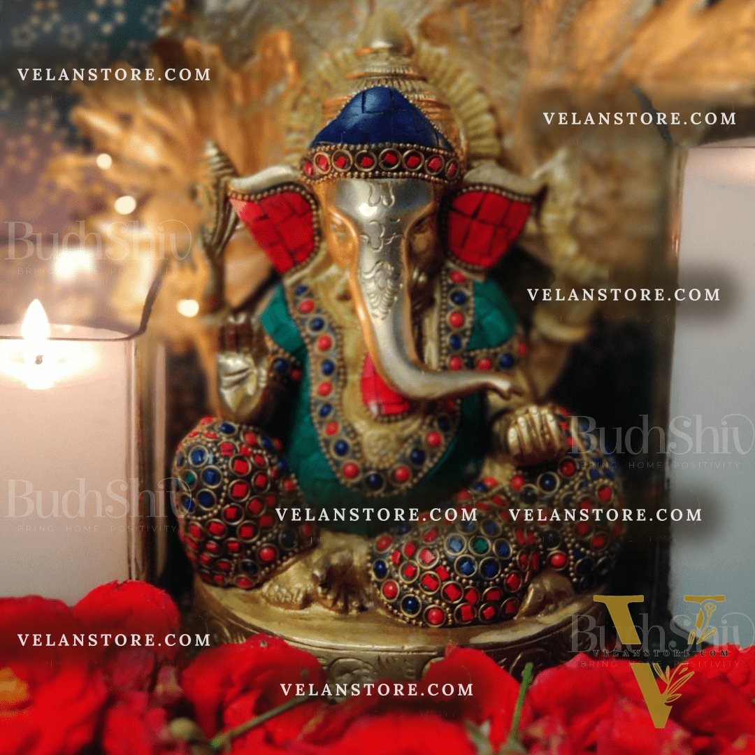 Ganesha Relaxing on sofa brass idol with meenakari stonework | suitable for office desk/study table/ temple
