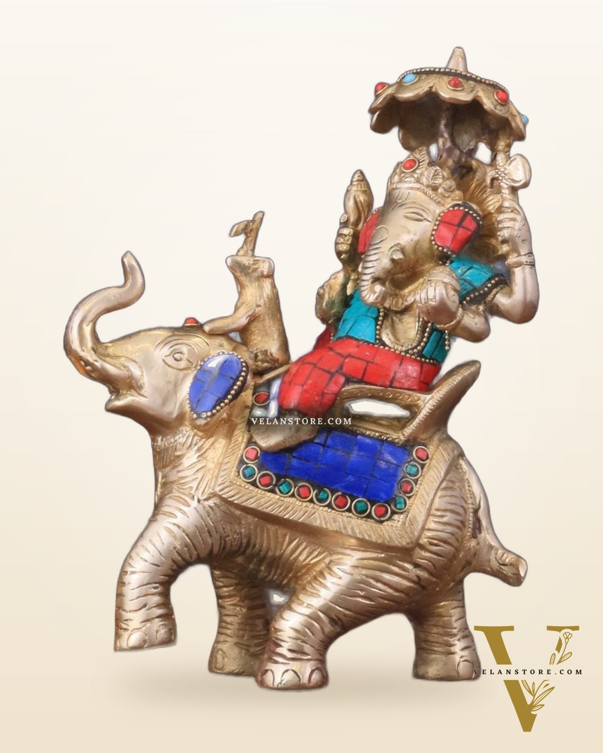 Ganesha sitting on elephant meenakari brass statue