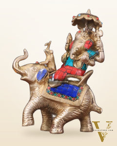 Ganesha sitting on elephant meenakari brass statue