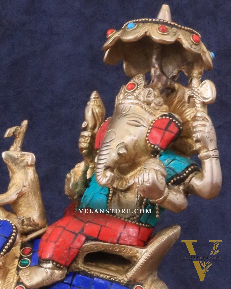 Ganesha sitting on elephant meenakari brass statue
