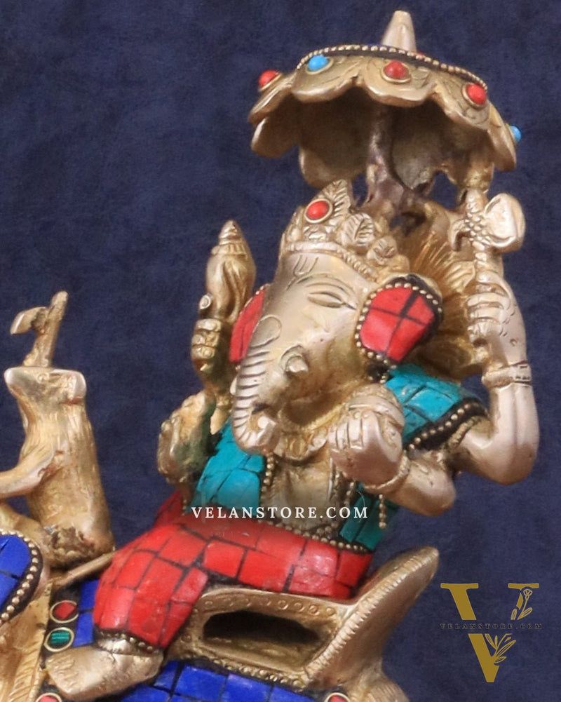 Ganesha sitting on elephant meenakari brass statue