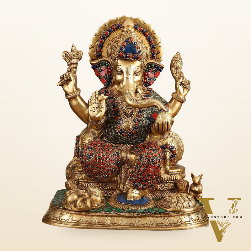 Ganesha Superfine Brass Idol with Spectacular Stonework - 13 Inch