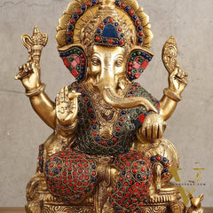 Ganesha Superfine Brass Idol with Spectacular Stonework - 13 Inch