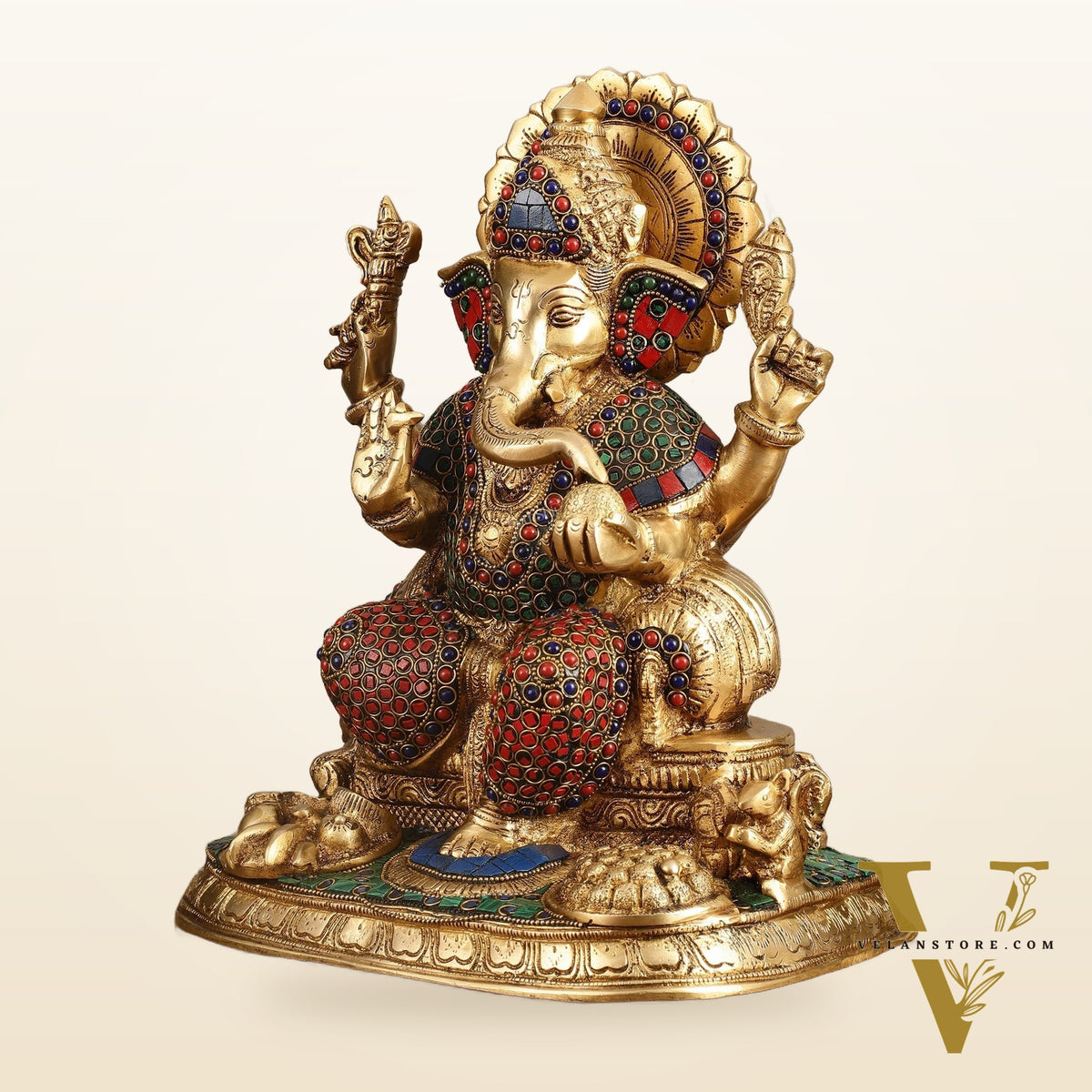 Ganesha Superfine Brass Idol with Spectacular Stonework - 13 Inch