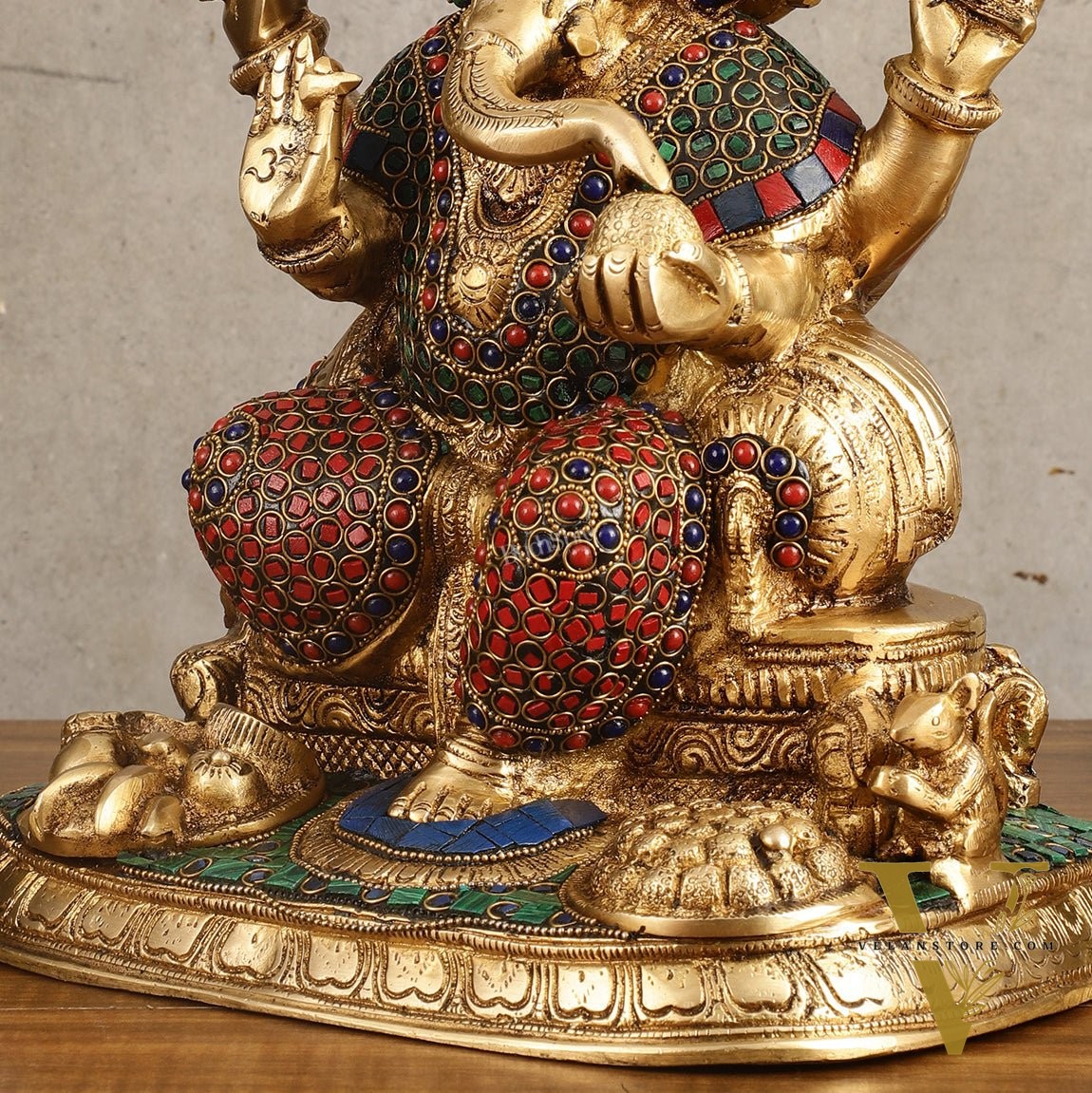 Ganesha Superfine Brass Idol with Spectacular Stonework - 13 Inch