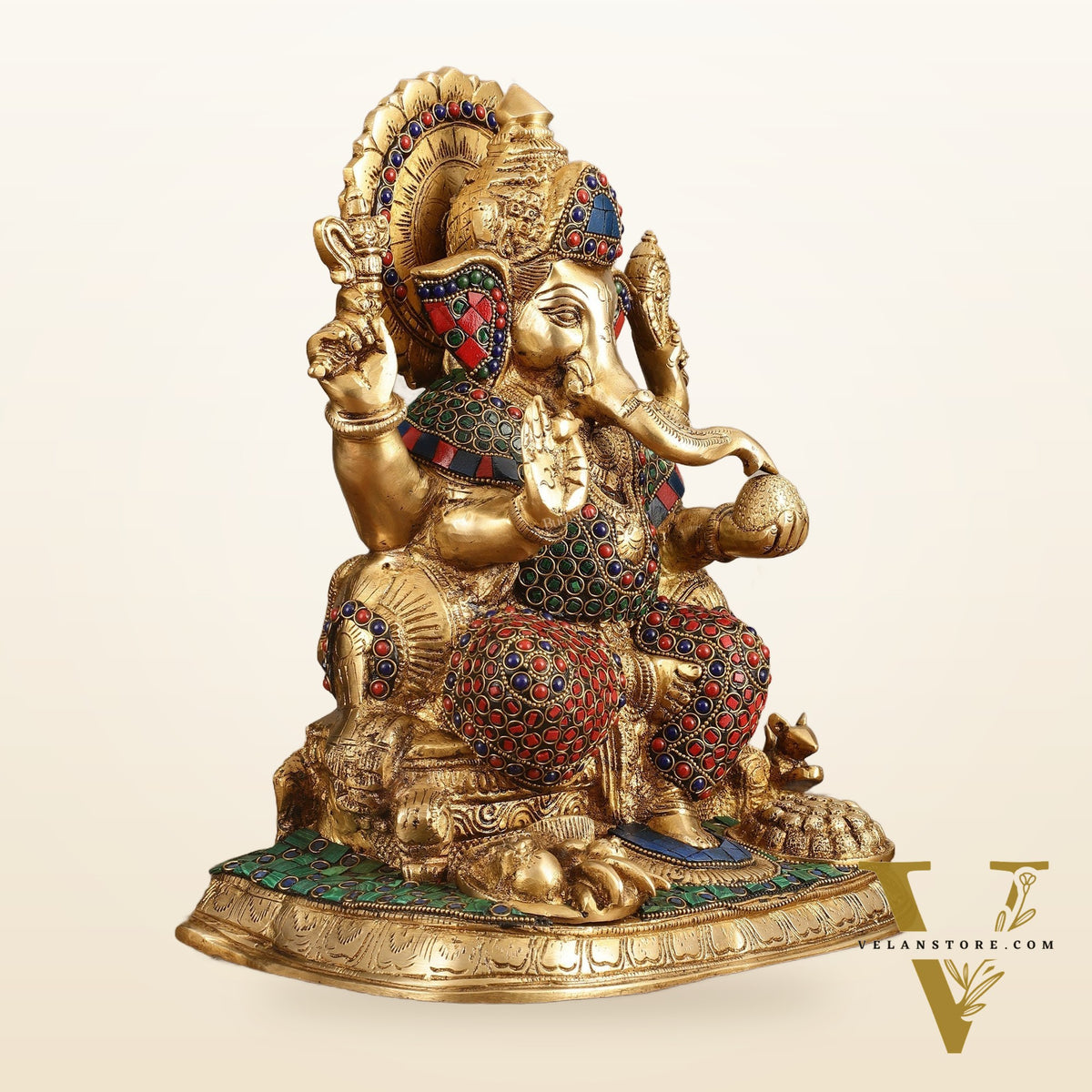 Ganesha Superfine Brass Idol with Spectacular Stonework - 13 Inch