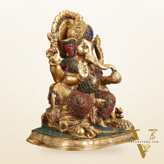 Ganesha Superfine Brass Idol with Spectacular Stonework - 13 Inch