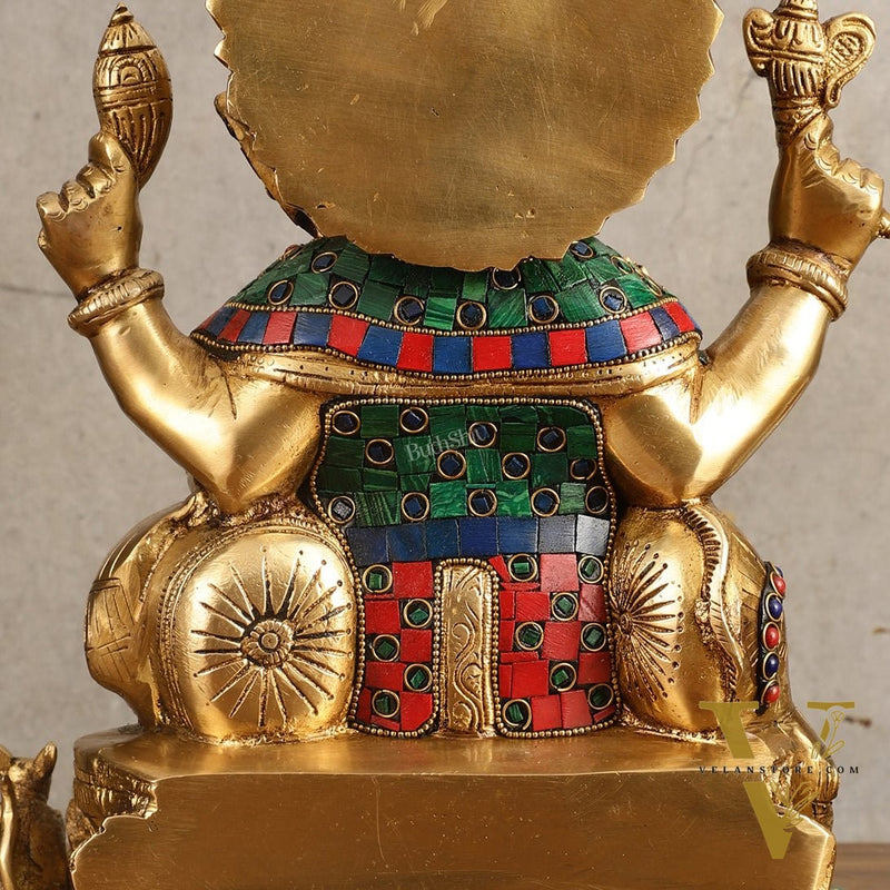 Ganesha Superfine Brass Idol with Spectacular Stonework - 13 Inch