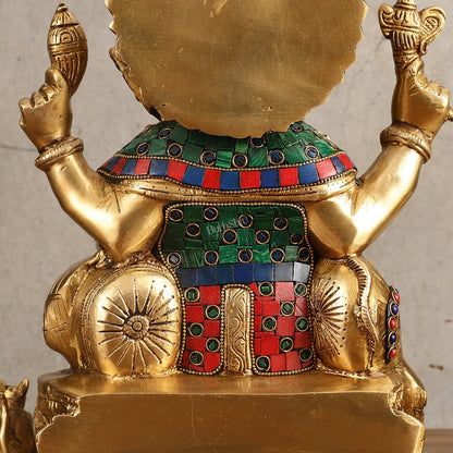 Ganesha Superfine Brass Idol with Spectacular Stonework - 13 Inch