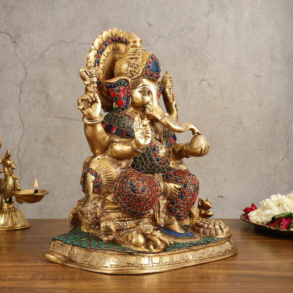 Ganesha Superfine Brass Idol with Spectacular Stonework - 13 Inch