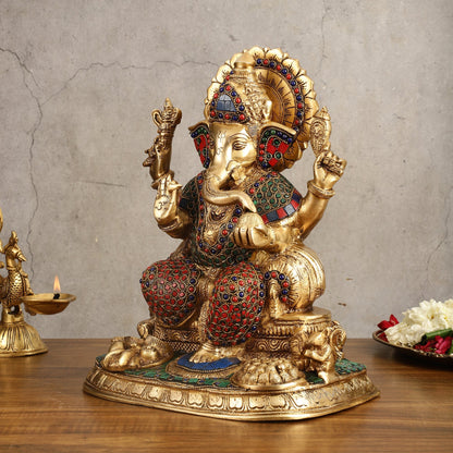 Ganesha Superfine Brass Idol with Spectacular Stonework - 13 Inch