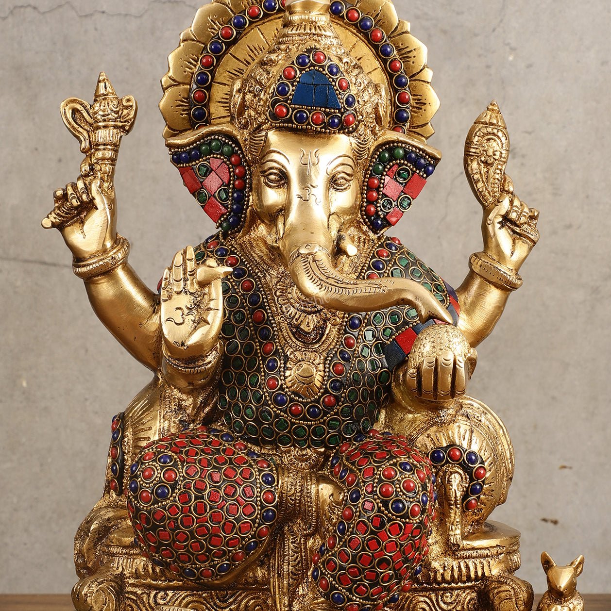 Ganesha Superfine Brass Idol with Spectacular Stonework - 13 Inch