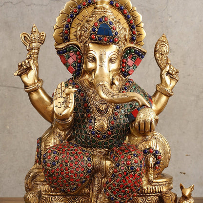 Ganesha Superfine Brass Idol with Spectacular Stonework - 13 Inch