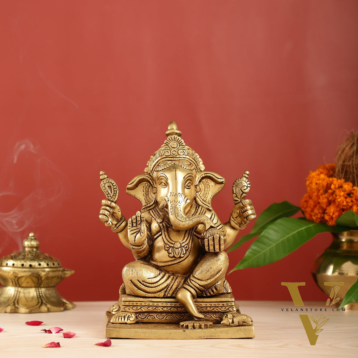 Ganesha superfine Brass statue fully engraved 9.5 inch