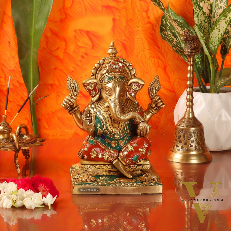 Ganesha superfine Brass statue fully engraved with mouse 8 inch with stonework