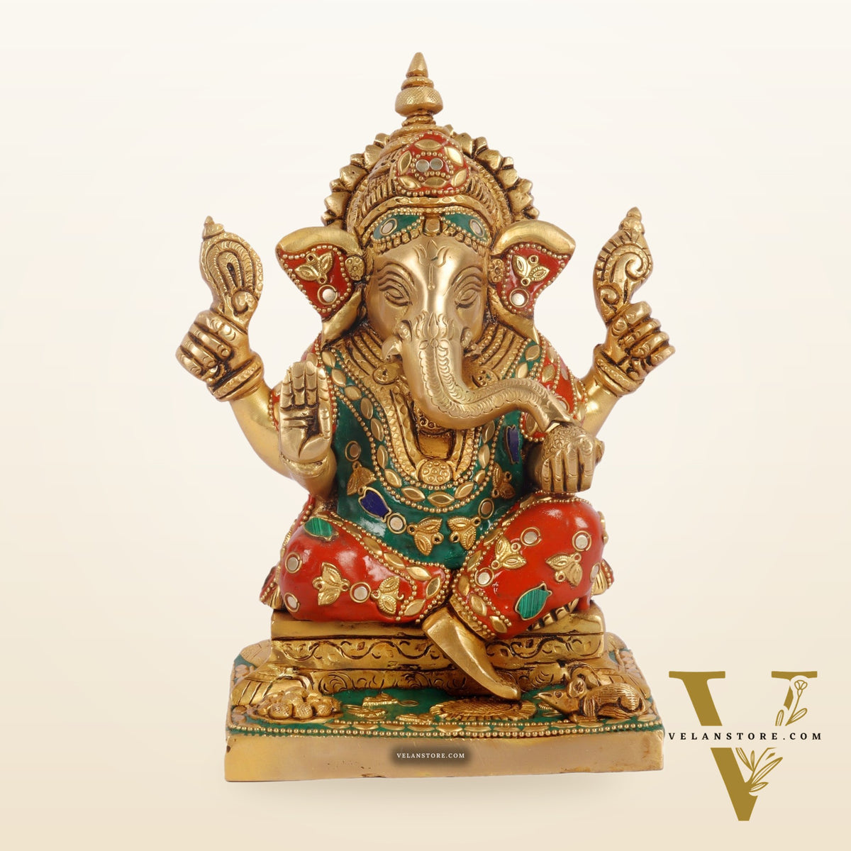 Ganesha superfine Brass statue fully engraved with mouse 8 inch with stonework