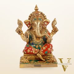 Ganesha superfine Brass statue fully engraved with mouse 8 inch with stonework