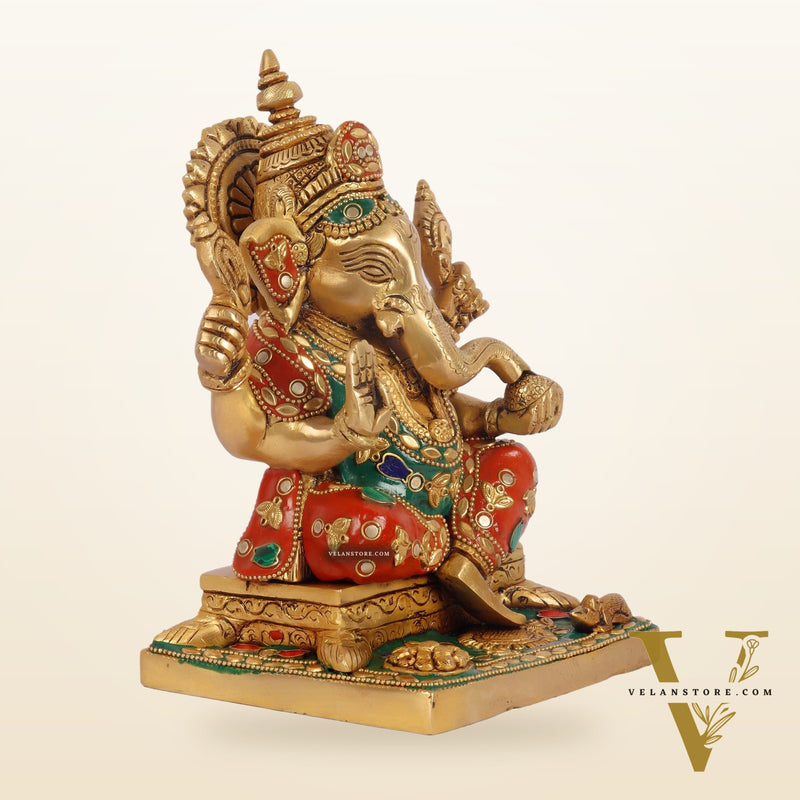 Ganesha superfine Brass statue fully engraved with mouse 8 inch with stonework