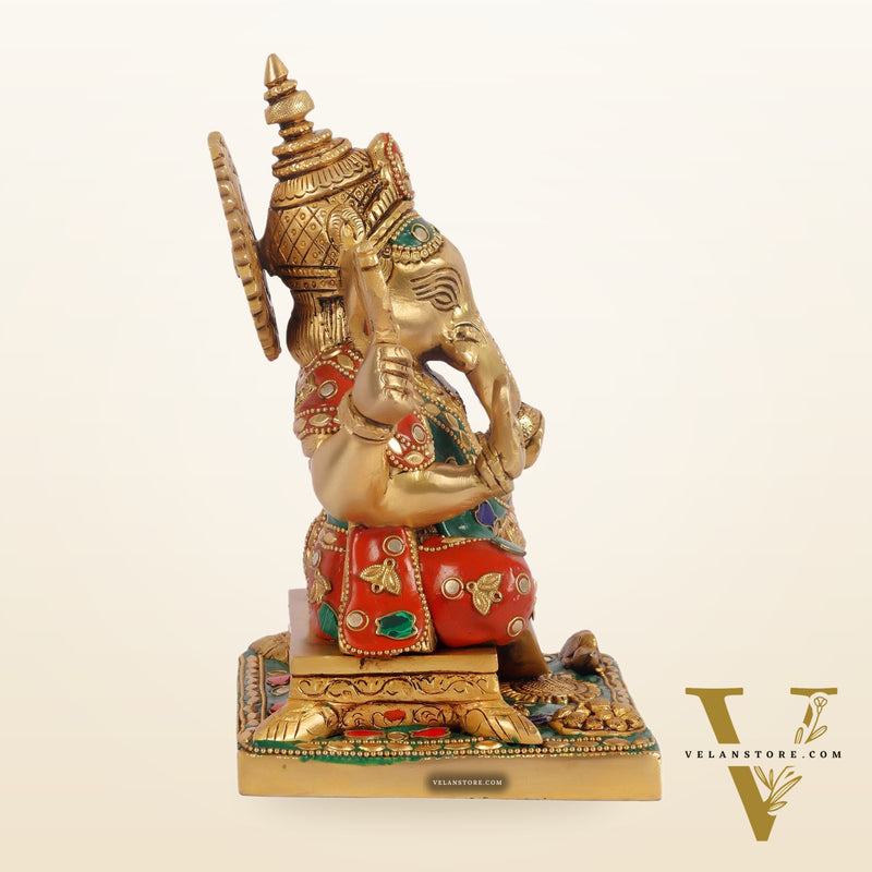 Ganesha superfine Brass statue fully engraved with mouse 8 inch with stonework