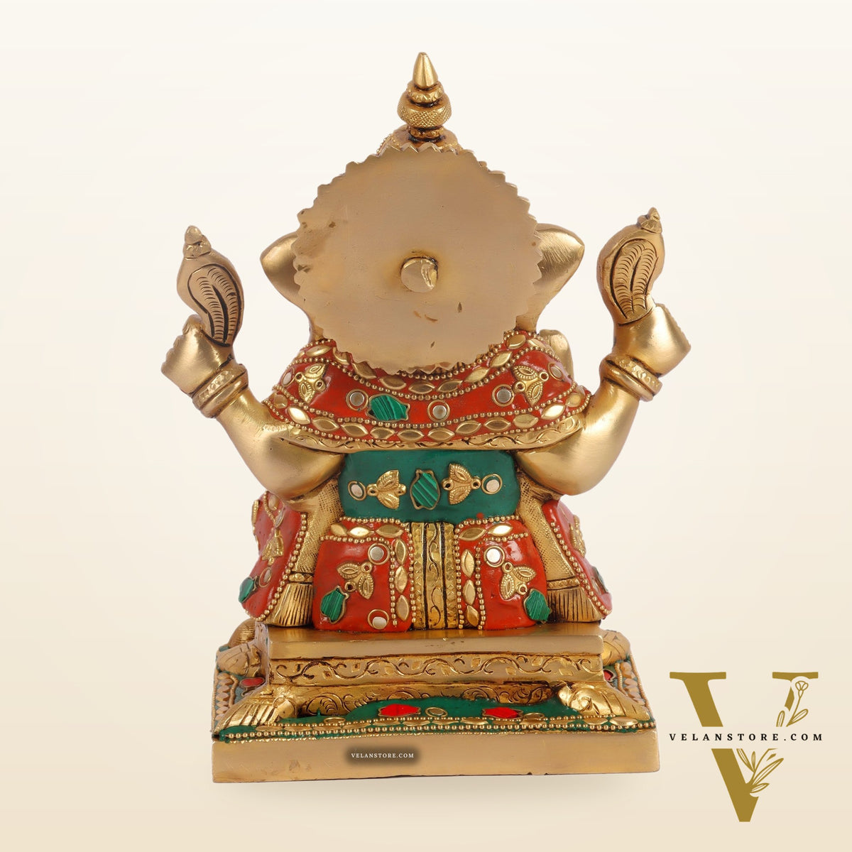 Ganesha superfine Brass statue fully engraved with mouse 8 inch with stonework
