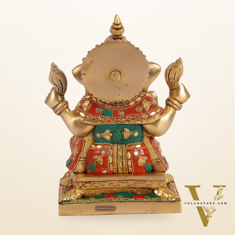 Ganesha superfine Brass statue fully engraved with mouse 8 inch with stonework